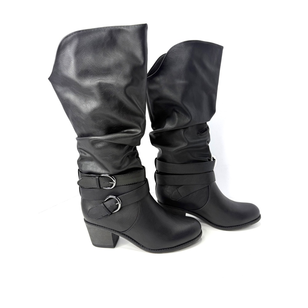 Journee Collection Black Slouchy Mid-Calf Heeled Boots - Picture 2 of 8